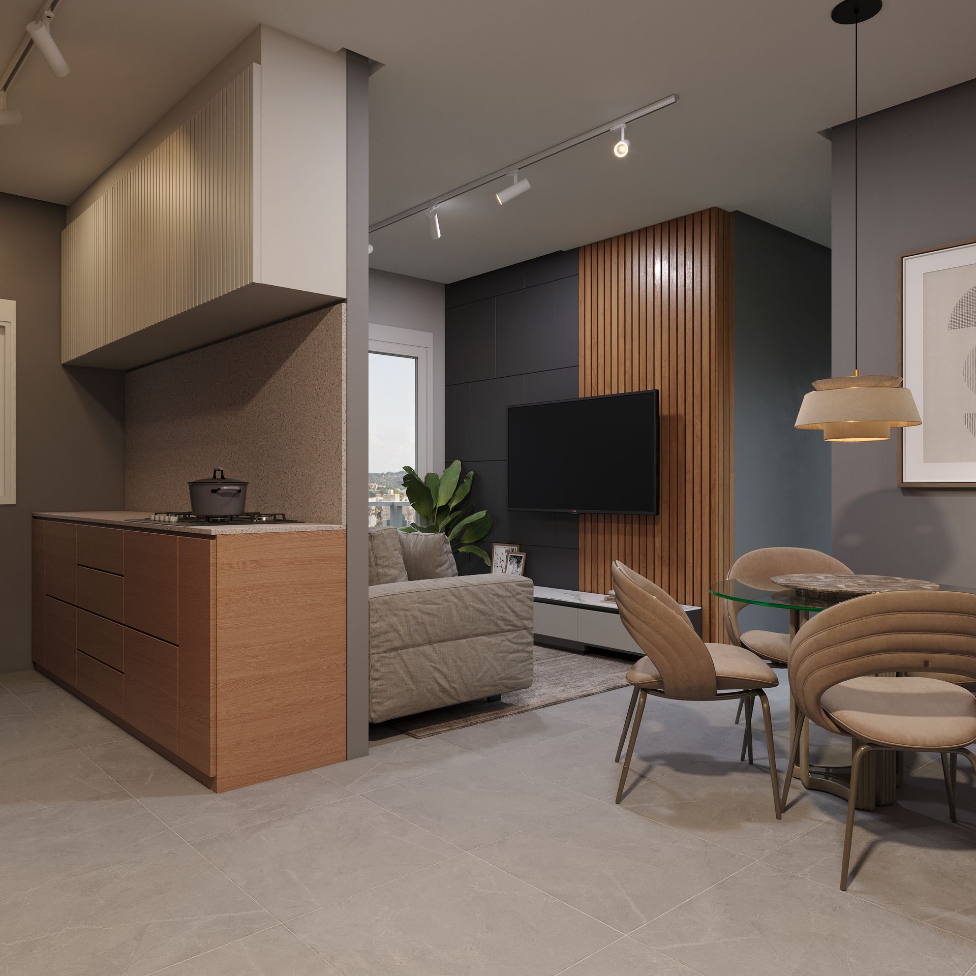 Sala integrada de apartamento do Flow Residence