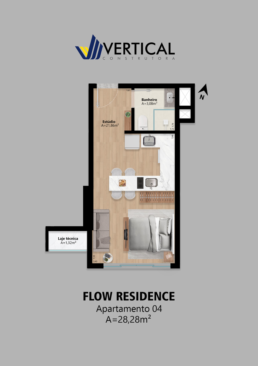 Planta de 28,28 m² do Flow Residence