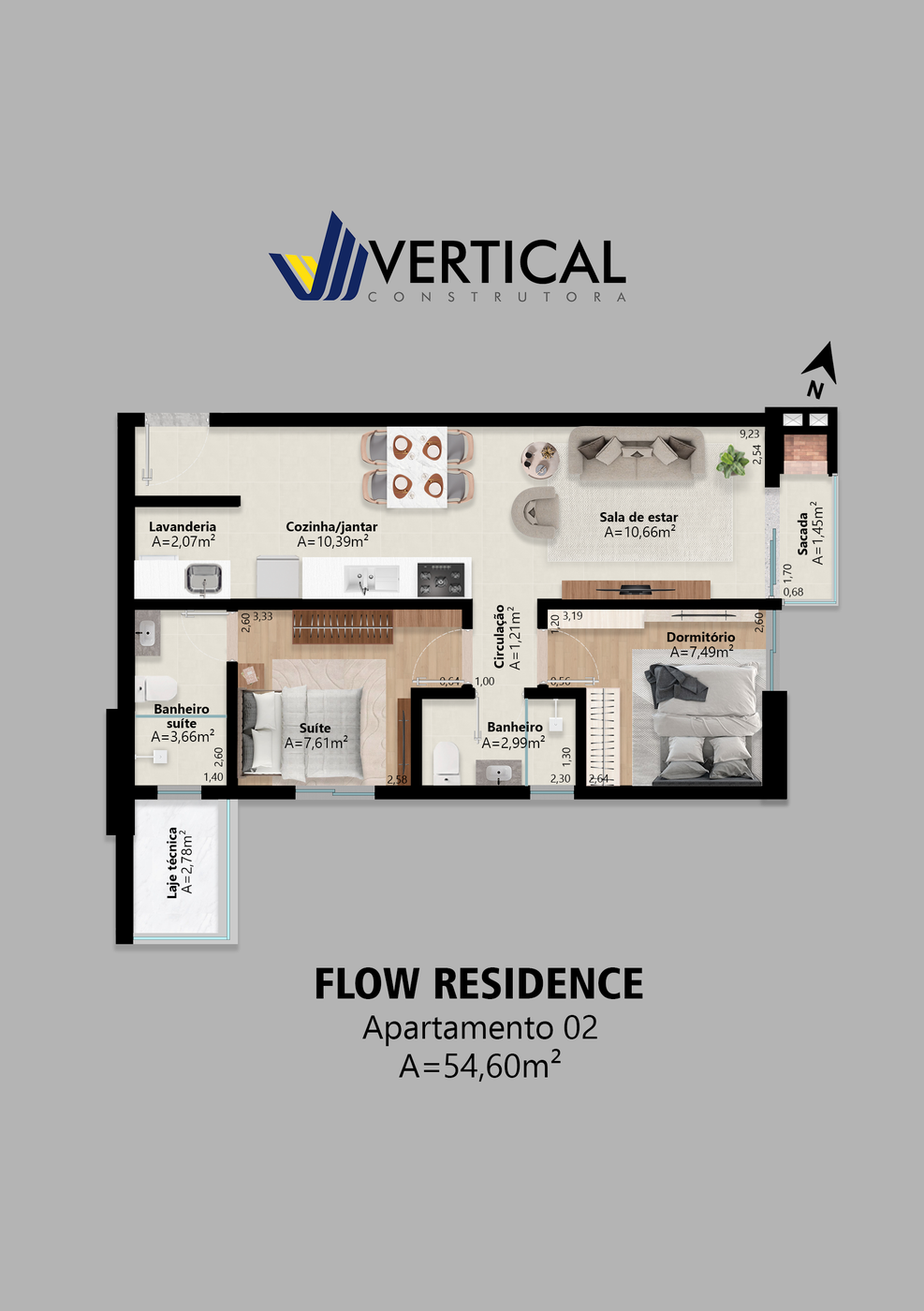Planta de 54,60 m² do Flow Residence