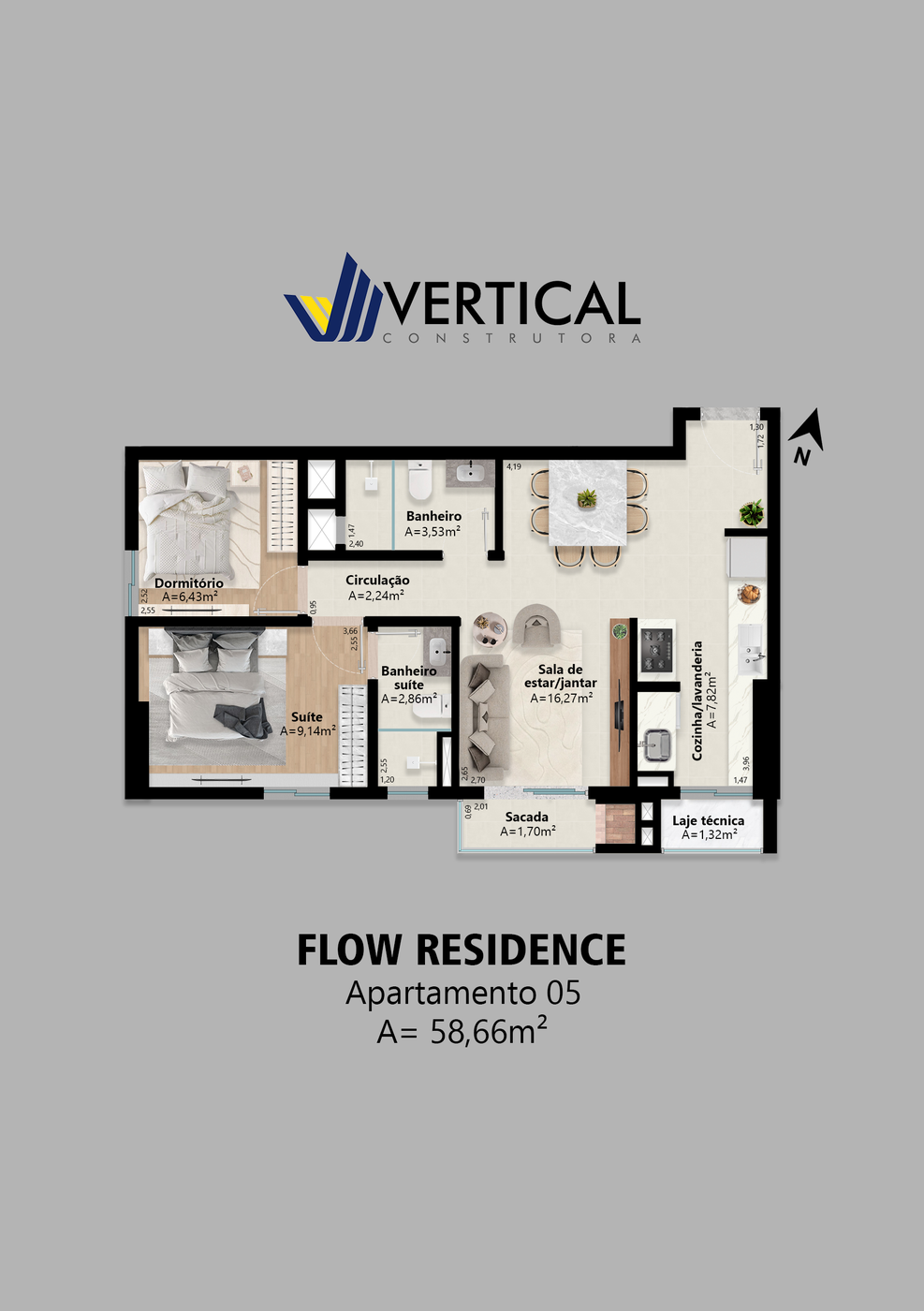 Planta de 58,66 m² do Flow Residence